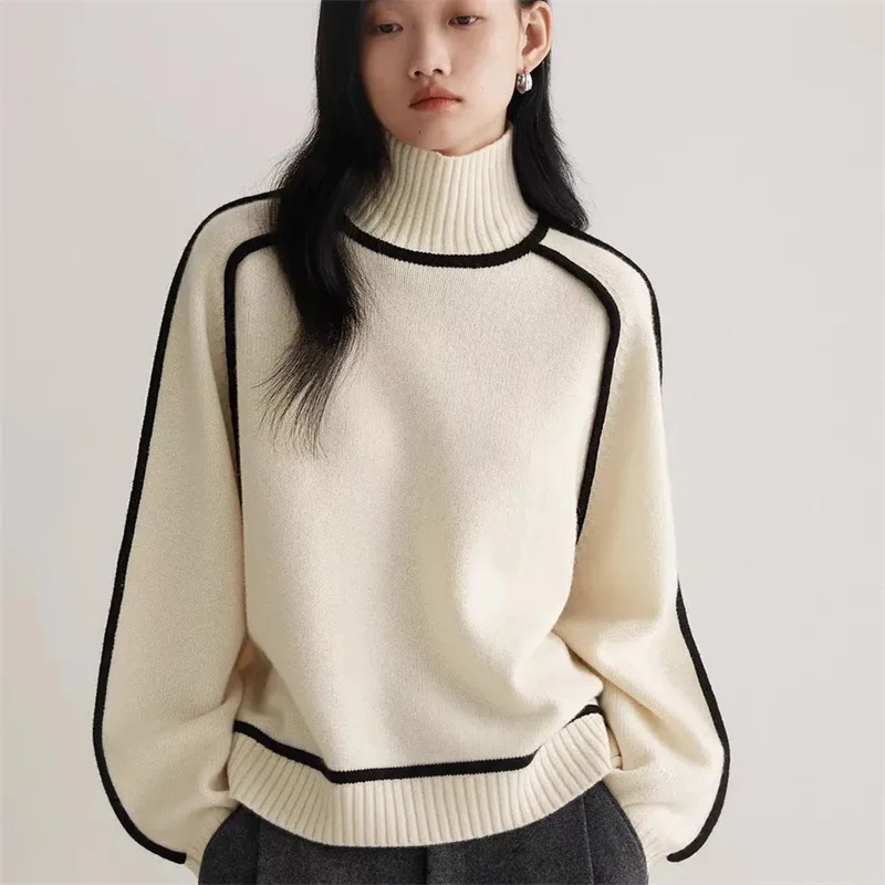 

Three-dimensional Striped Slim Casual Loose Knit Top 2024 Autumn and Winter New Lazy Wind Turtle Neck Sweater Female