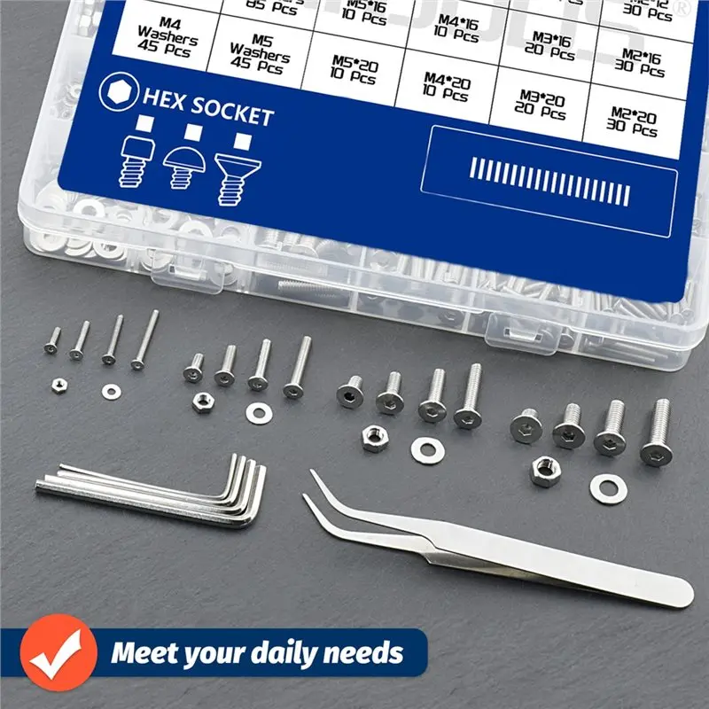 ABJI-M2 M3 M5 880Pcs Stainless Steel 304 Hex Socket Flat Head Screws Assortment Kit Countersunk Bolts Set With Storage Box