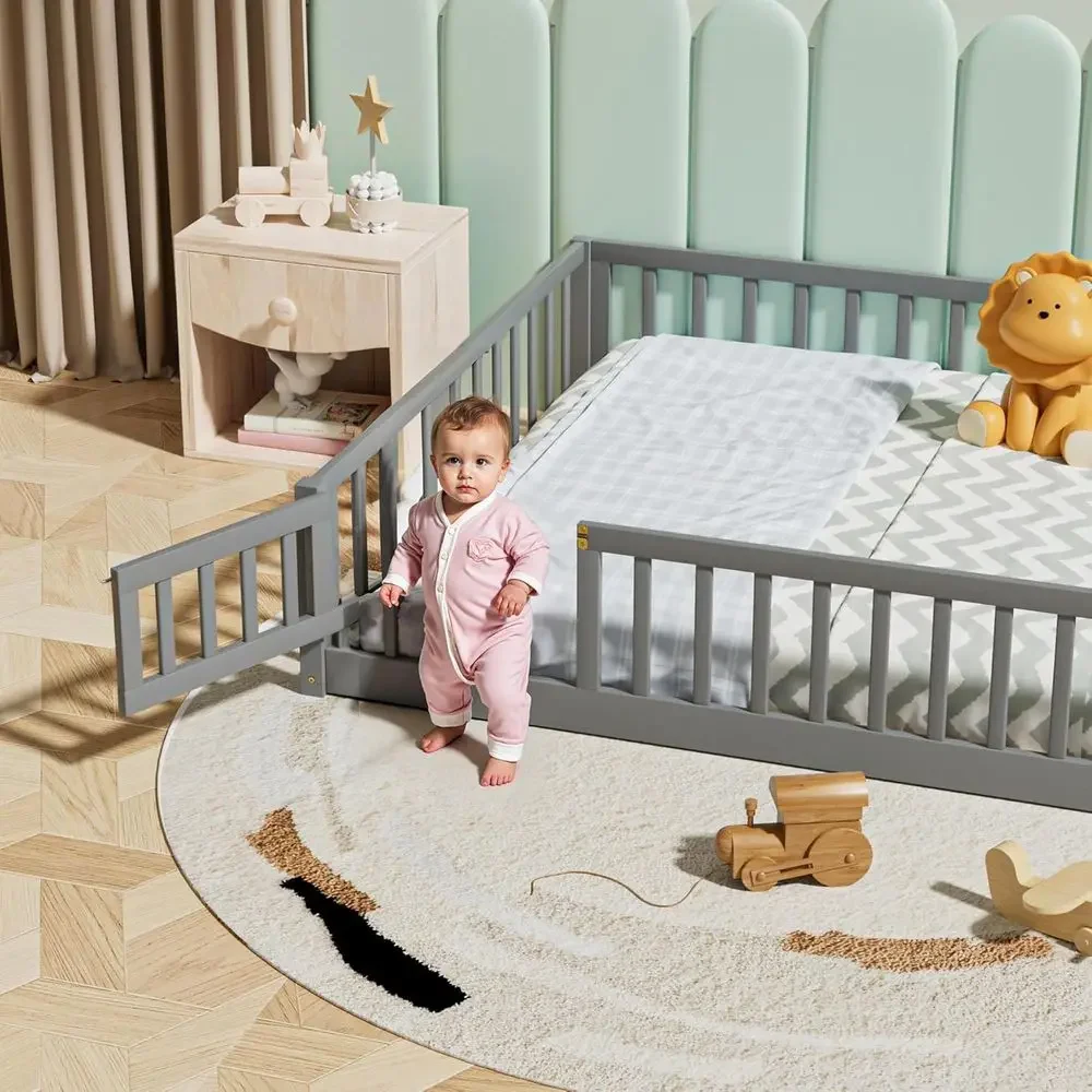 Montessori Kids Floor Bed, Durable Wooden Frame with Slats, Fencing, and Door, Gray, Suitable for Boys & Girls