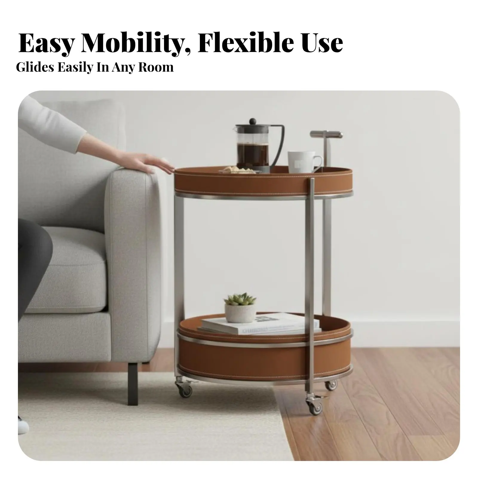 

Round Doublelevel Trolley Minimalist Aesthetic Wheeled Side Table Italian Influenced Adaptable Functionality for Home Hosts