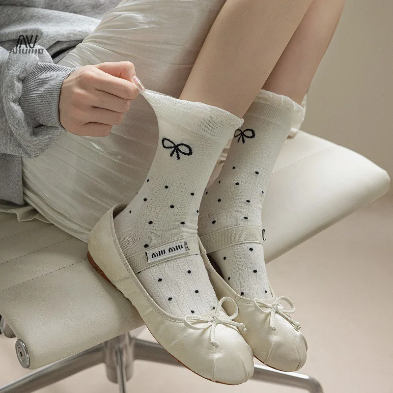 1 Pair Black Polka Dot Socks Summer Thin Hollow Out Heart Breathable Long Socks Cute Sweet Girls Ruffle Socks