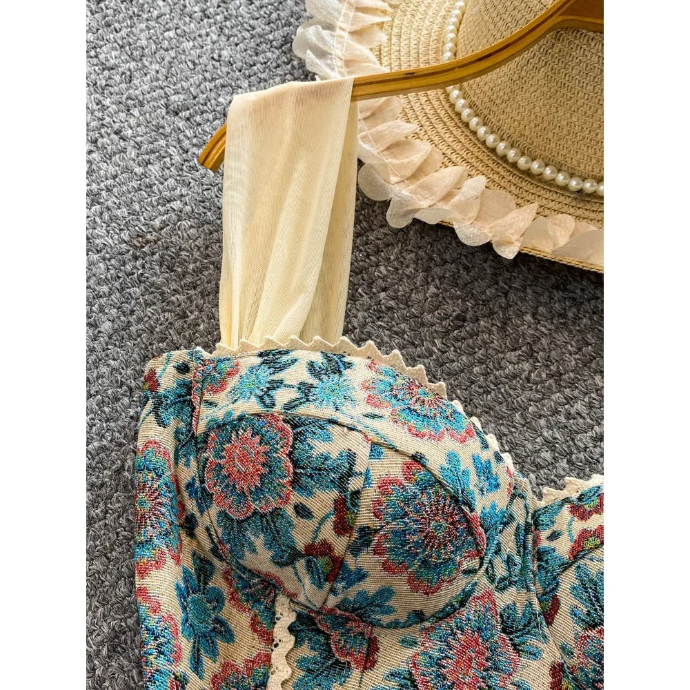Ladies Retro Palace Jacquard Camisole Lace Patch Mesh Bandeau Tie Strap Slim Crop Vest Stylish Women Sleeveless Daily Party Top