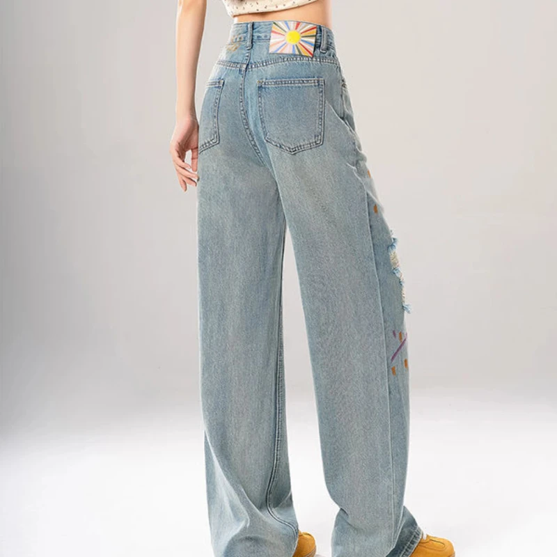 Torn Trousers Wide Leg Womens Ripped Jeans South Korea Size X Larg 2025 High Quality Denim Pants for Women 90s R Grunge Y2k Xxl