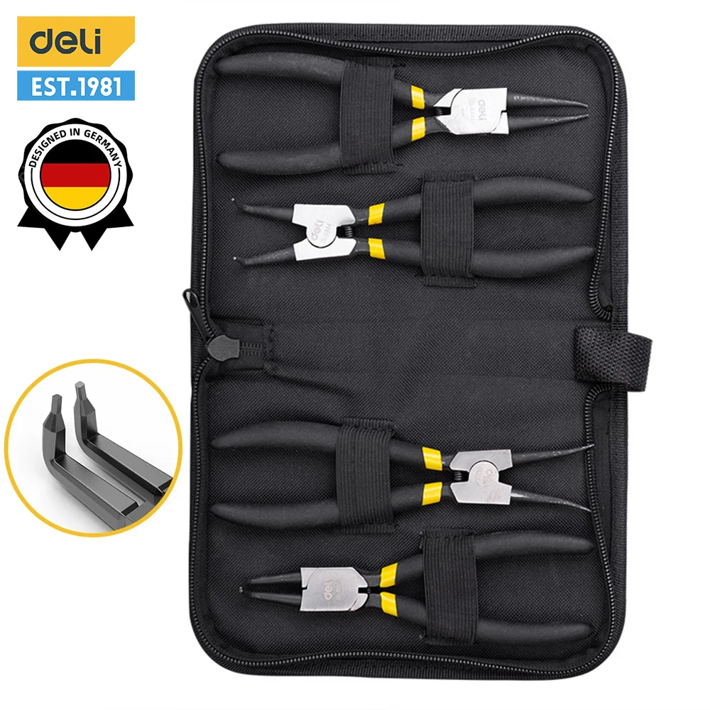 Deli 4Pcs Circlip Plier Set with Storage Bag 7'' Long Nose Plier Inner Outer Staight Bent Plier Retaining Snap Ring Remover Tool