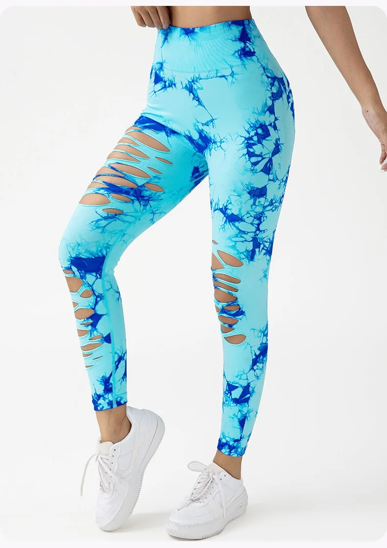 Women Sexy Seamless Tie Dye Nylon Yoga Pants High Waist Holow Out Scrunch Butt Lifting Sports Fitness Leggings