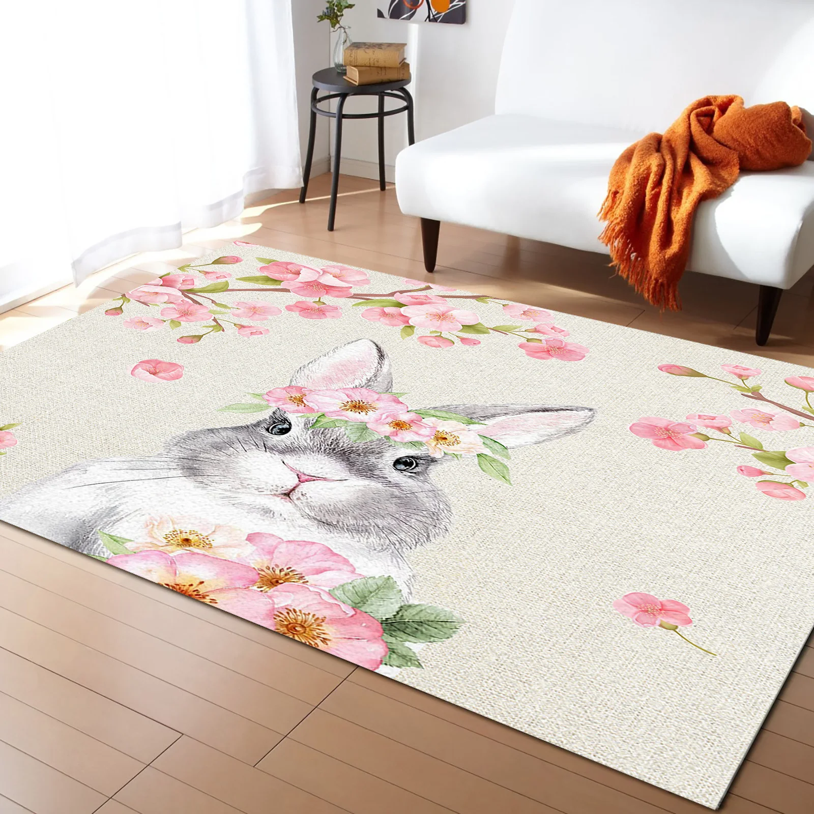 Easter Watercolor Rabbit Cherry Blossom Carpet Area Rug Children's Room Living Room Bedroom Home Play Decoration Large Floor Mat