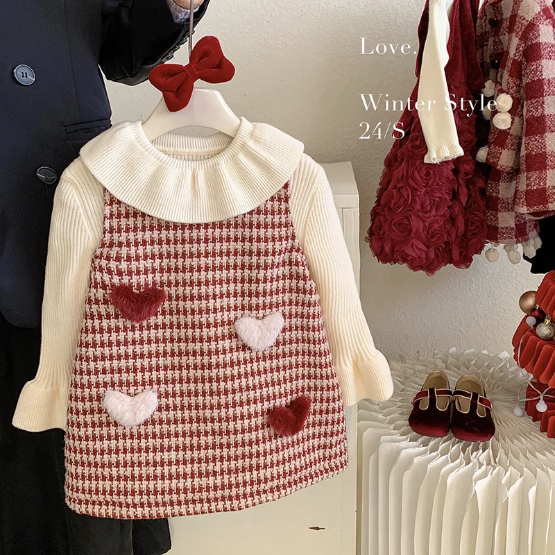 Girls Princess Dress Set 2026 Autumn And Winter Fashion Plush Small Fragrance Style Vest Dress Knitted Without Plush Base Shirt