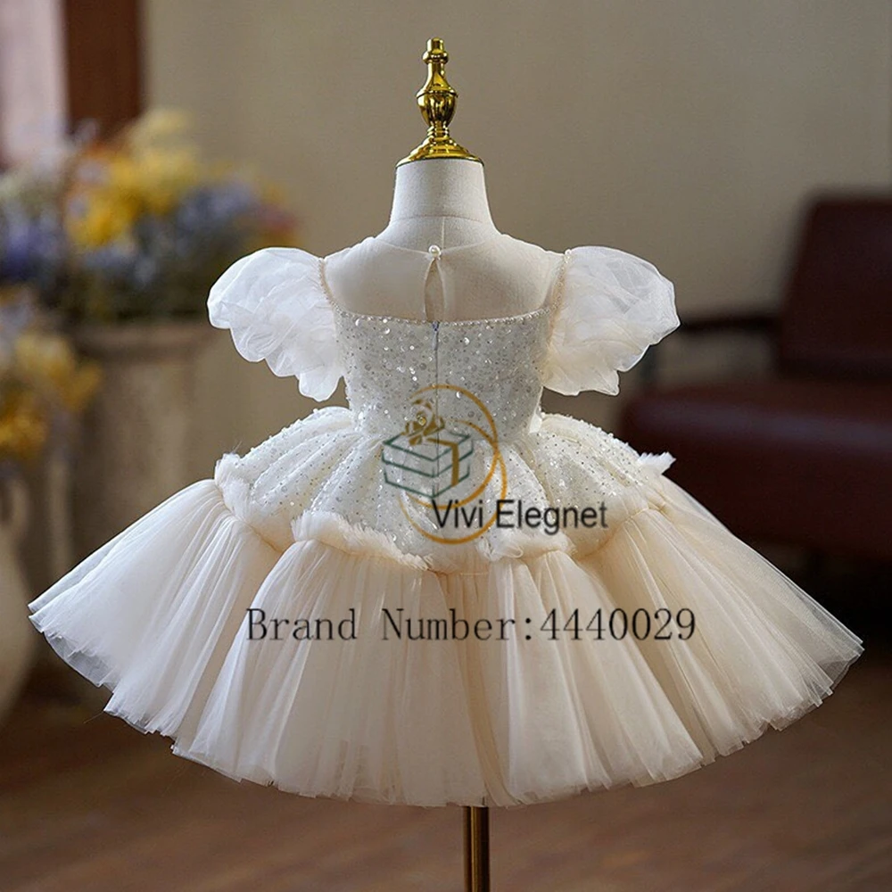 Modern Ivory Short Sleeve Flower Girls Dresses for Kids Real Picture 2024 Summer Tiered Wedding Party Dresses with Sequined Bow