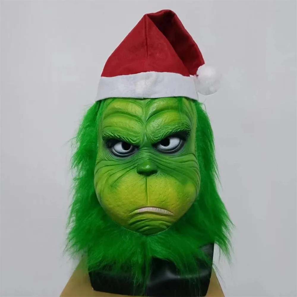 Máscara engraçada do Papai Noel com chapéu vermelho e barba para adulto, fantasia de Natal Cosplay, adereços de Natal, monstro verde, máscaras