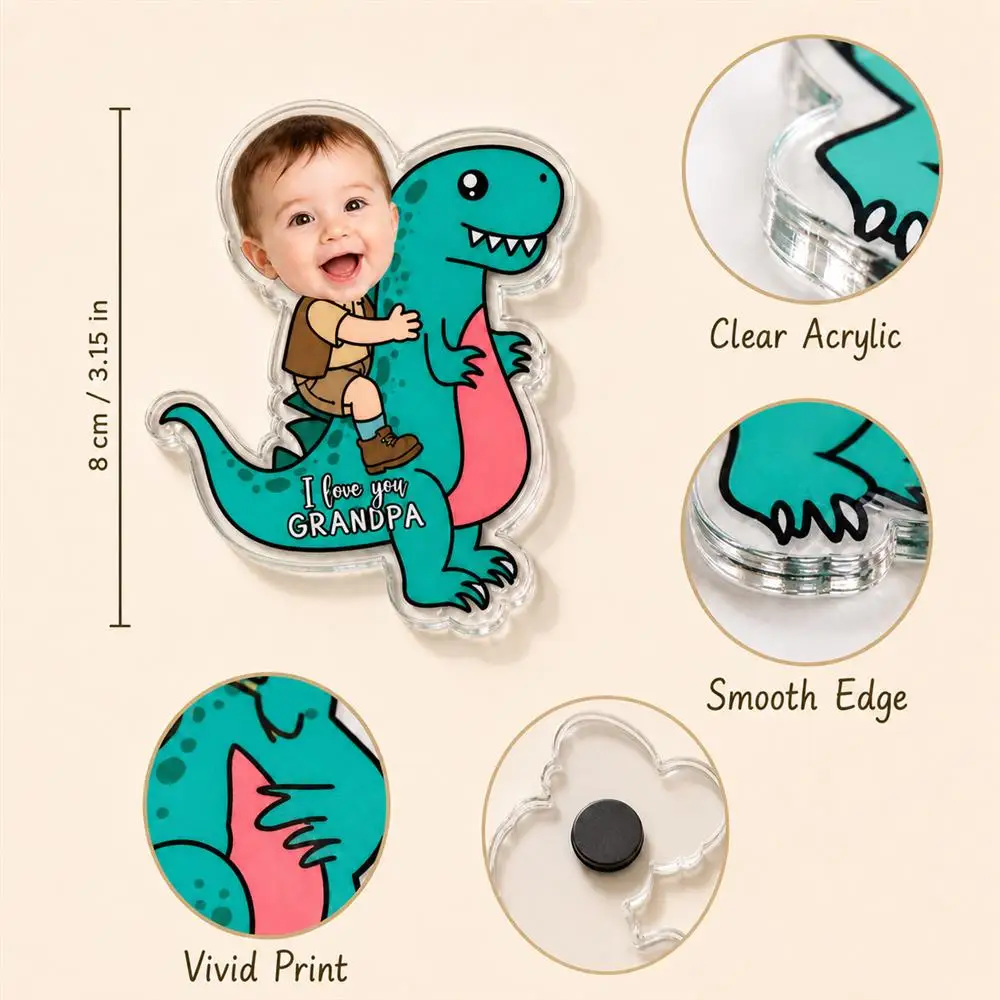 Custom Photo & Text Cartoon Dinosaur Fridge Magnet,Cartoon Portrait Keepsake,Kitchen Home Decor,Fathers Day,Family Photo Gift