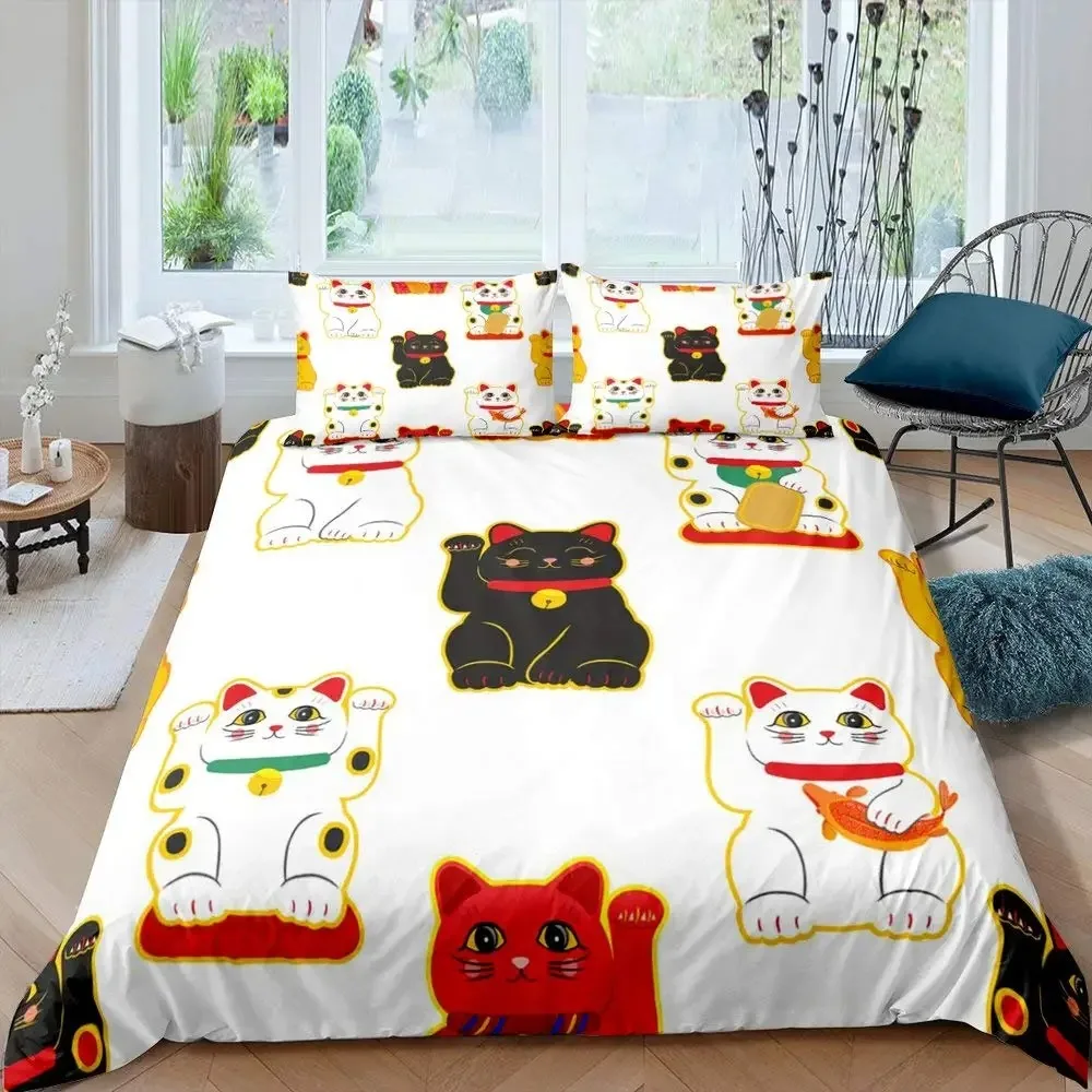 Maneki Duvet Cover Set,Japanese Lucky Cat Duvet Cover Neko Gold Coin Japanese Style Cute Bedding Set Cat Comforter Cover