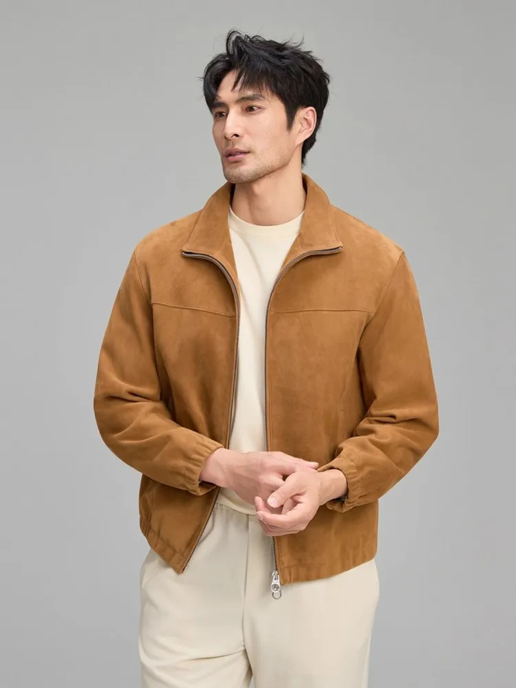 Роскошная мужская мягкая натуральная замшевая кожаная куртка на молнии с воротником с лацканами для деловой работы, настоящее замшевое пальто, осенняя модная верхняя одежда, куртки