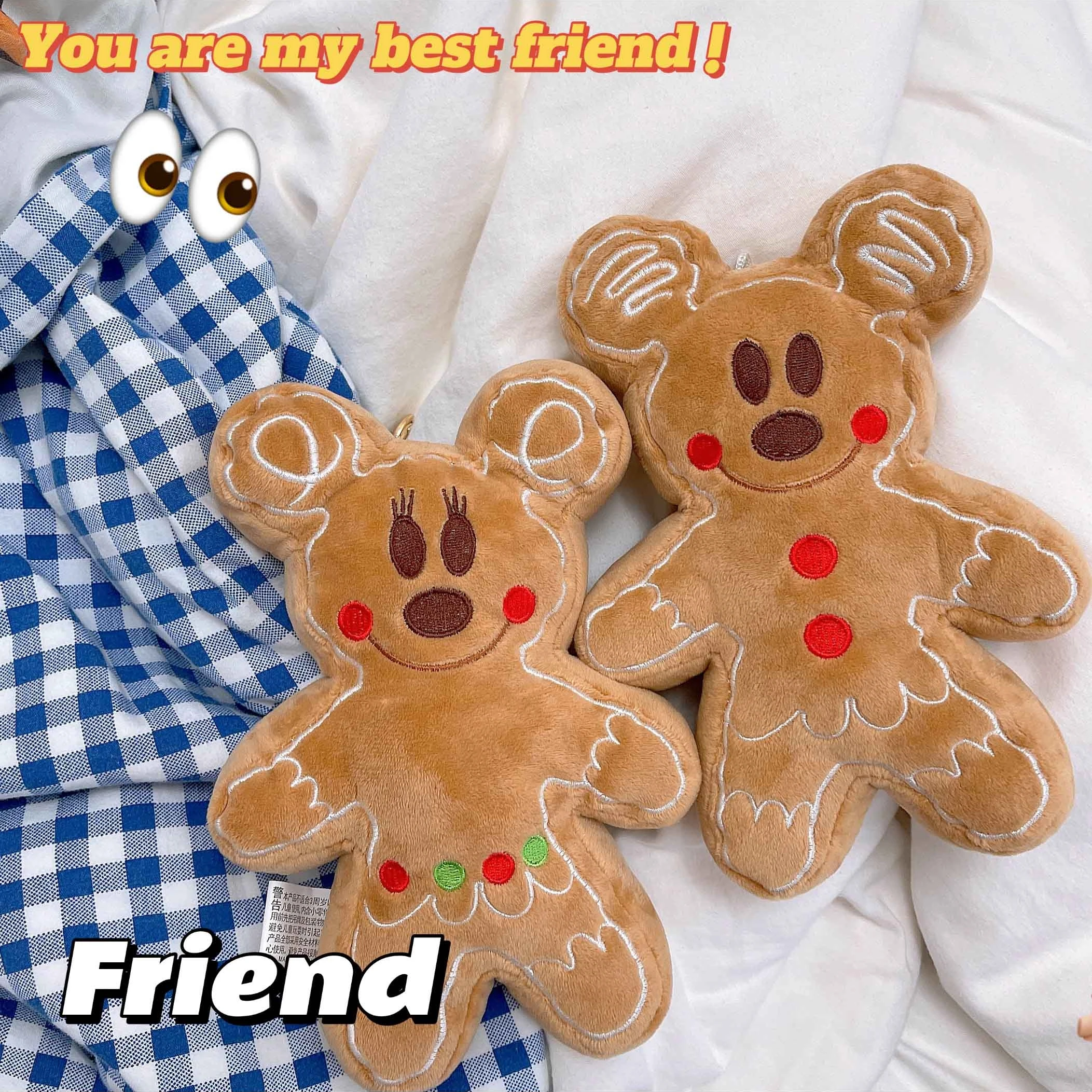 Gingerbread Man Mickey Minnie Plush Toy Bag Pendant Stuffed Anime Biscuit Plushies Cuddly Cookie Doll Home Decor Xmas Gifts