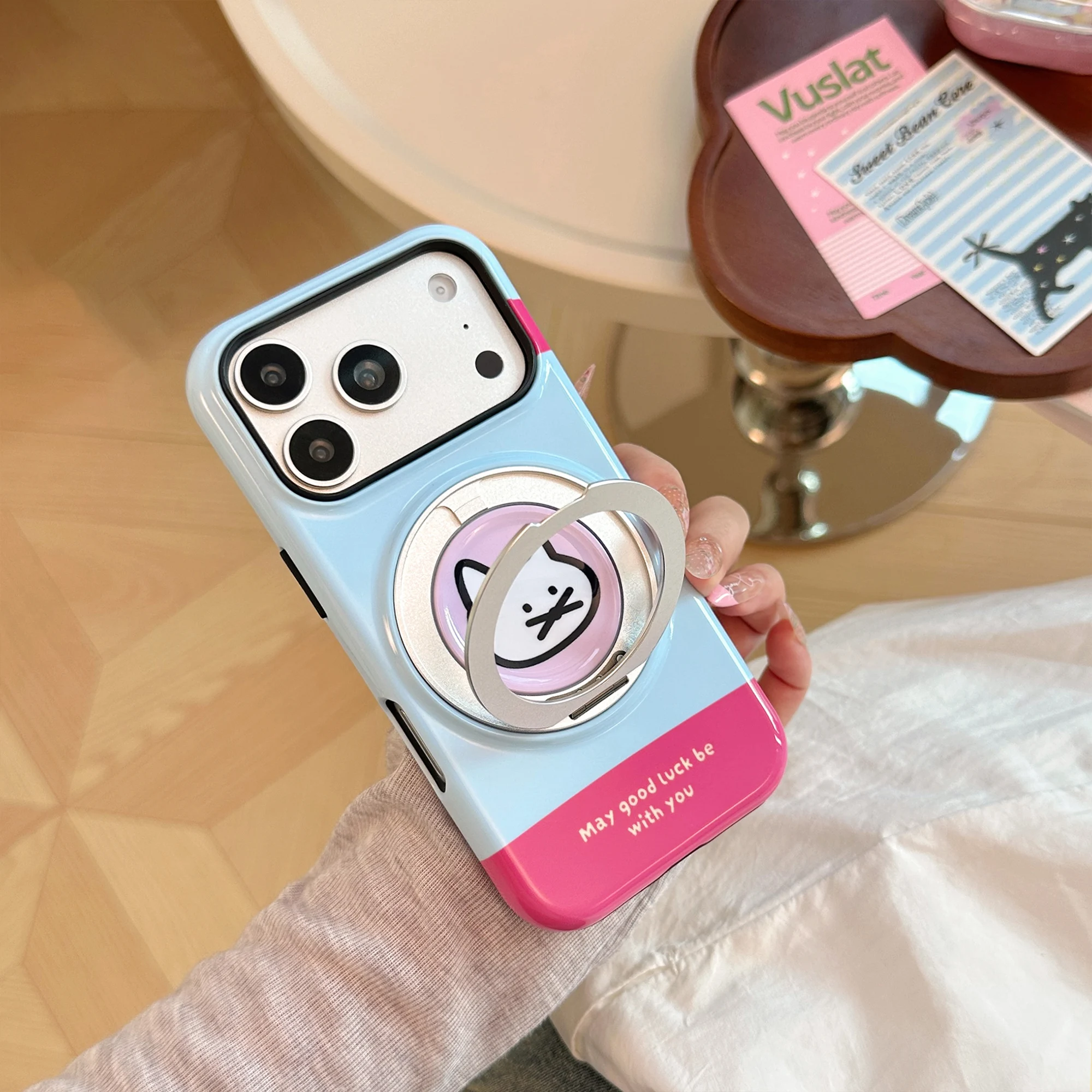 2 in 1 Letters Pattern White Purple Blue Glossy Cover Case For iPhone 17 16 15 14 13 Pro Max with 360° Rotation Animals Holder view 2
