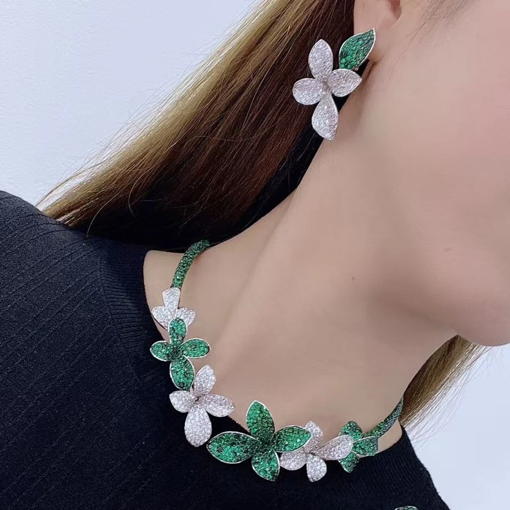 UAE Luxury Fashion 925 Sterling Silver Leaf Flower Blossom Yellow Green CZ Choker Necklace Collar For Women Party Fine Jewelry