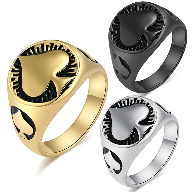 Retro Ace of Spades Ring for Men Punk Rock Stainless Steel Round Biker Bands Cocktail Party Jewelry Gift for Boys