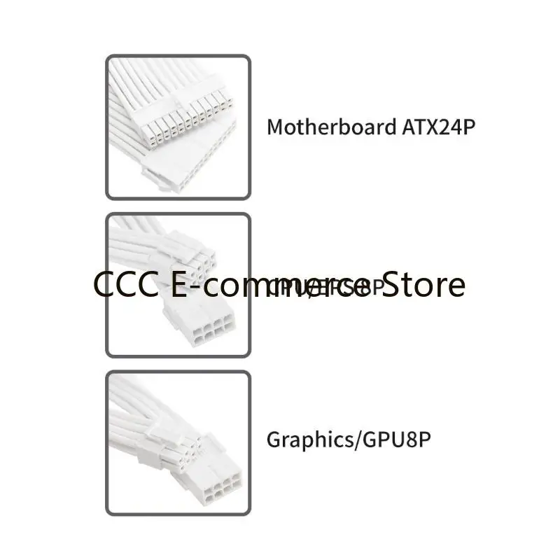 Soft Braided 18AWG PC Power Extension Cables Set, 1x24Pin Motherboards 1x8Pin CPU 2x8Pin GPU 30cm with Cable Combs R58A
