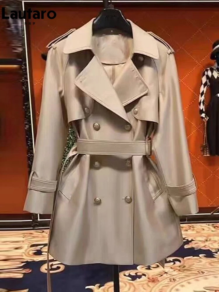 Lautaro Spring Autumn Khaki Satin Trench Coat for Women Belt Double Breasted Elegant High Quality Luxury Designer Clothing 2024