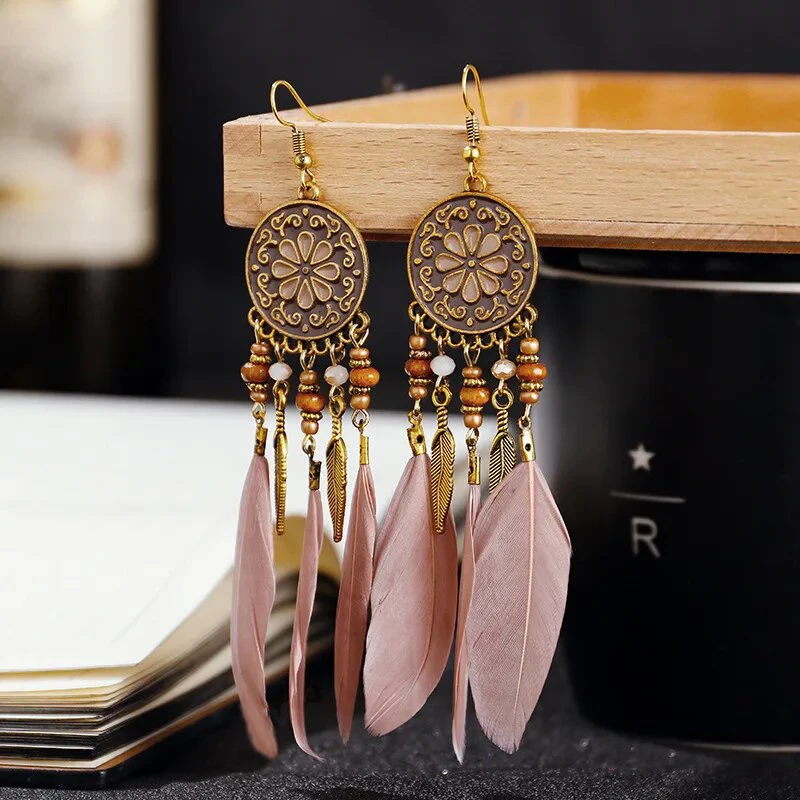 Classic Bohemian Long Feather Drop Dangle Earrings For Women Tassel Beads Handmade Flower Enamel Earrings Bride Wedding Earrings