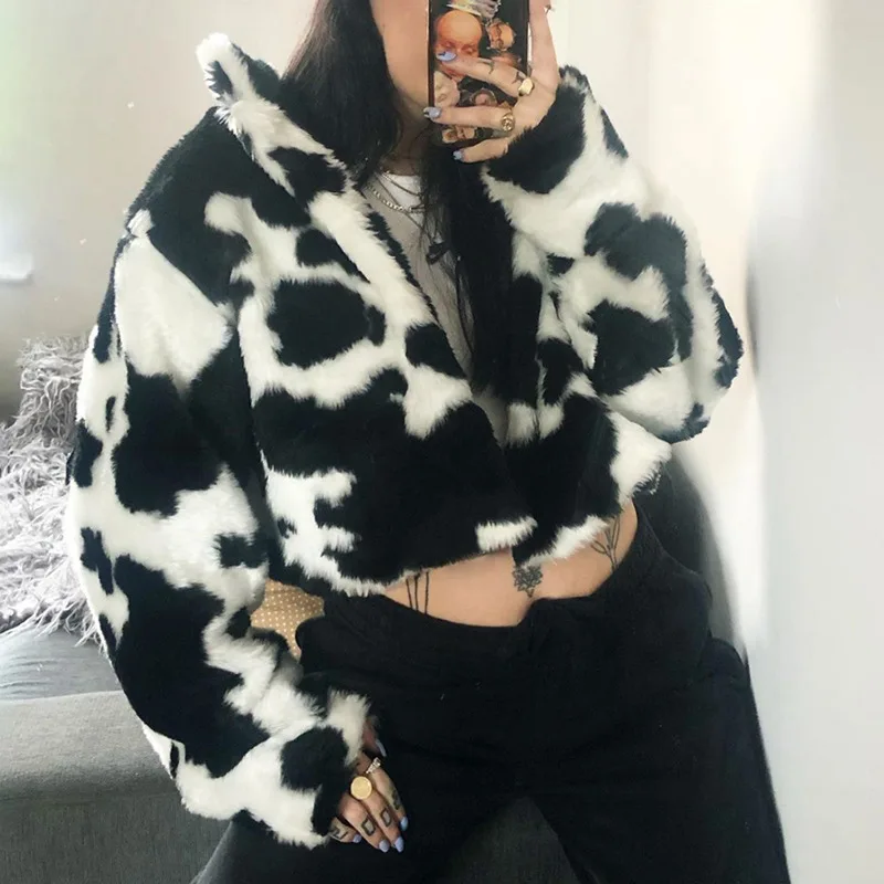 Goth Dark Punk Style Gothic Crop Faux Fur Y2k Coats Fashion Color Block Long Sleeve Women Cardigan Jackets Warm Streetwear 2025