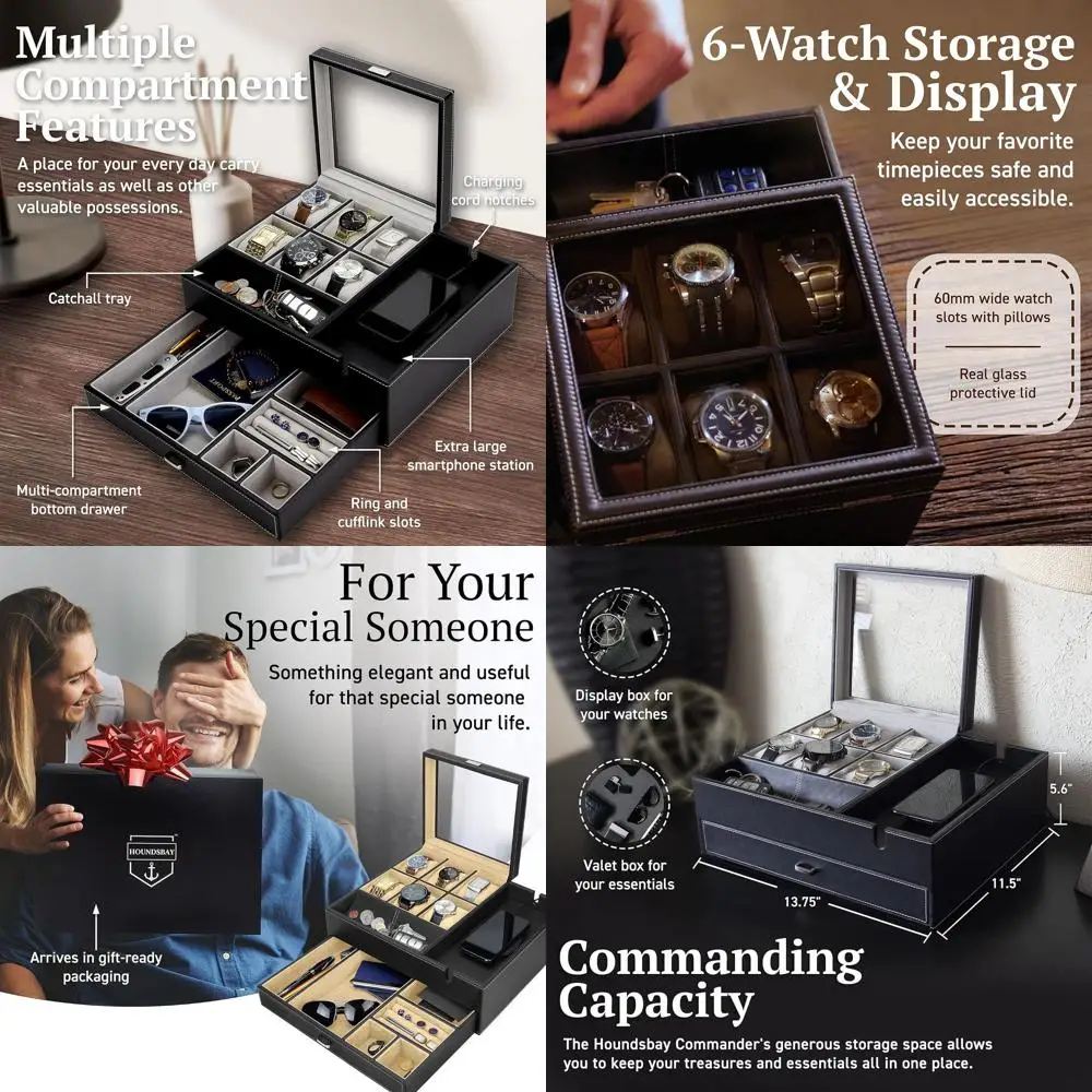 

Элитная коробка для часов и мелочей с зарядной станцией и отсеком для запонок, черный/цвет слоновой кости