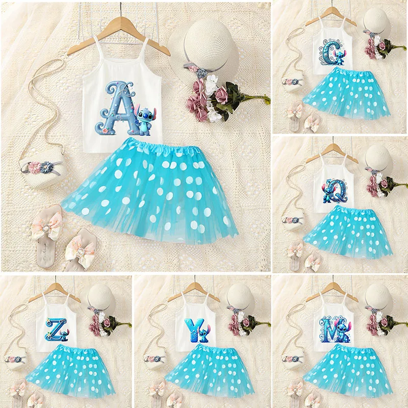 

Lilo & Stitch Girls' Strap+Bubble Skirt Girl Kawaii Anime Figures Short Sleeve+chiffon Skirt Disney Fun 26 Letter Printed Dress