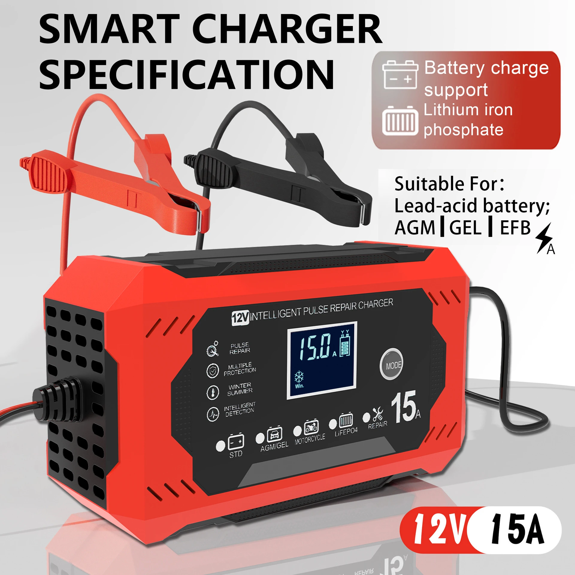 12V 15A Car Battery Charger for Auto Motorcycle Truck Lead Acid AGM GEL EFB LiFePo4 Batteries Portable Smart Charge LCD Display