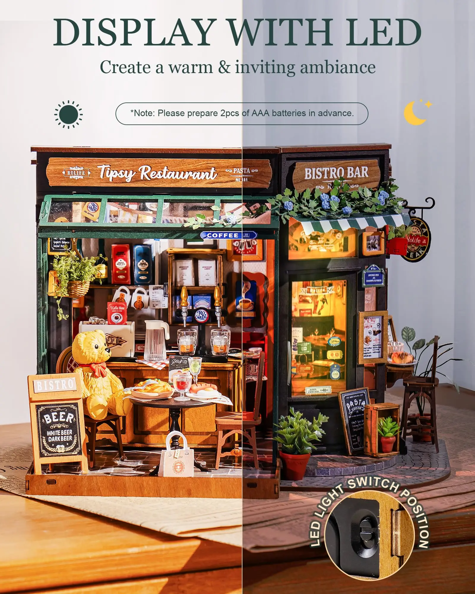 Robotime Rolife Tipsy Restaurant Miniature Dollhouse 3D Wooden Puzzle Bistro Bar Design Gifts for Family Home Decoration Toys