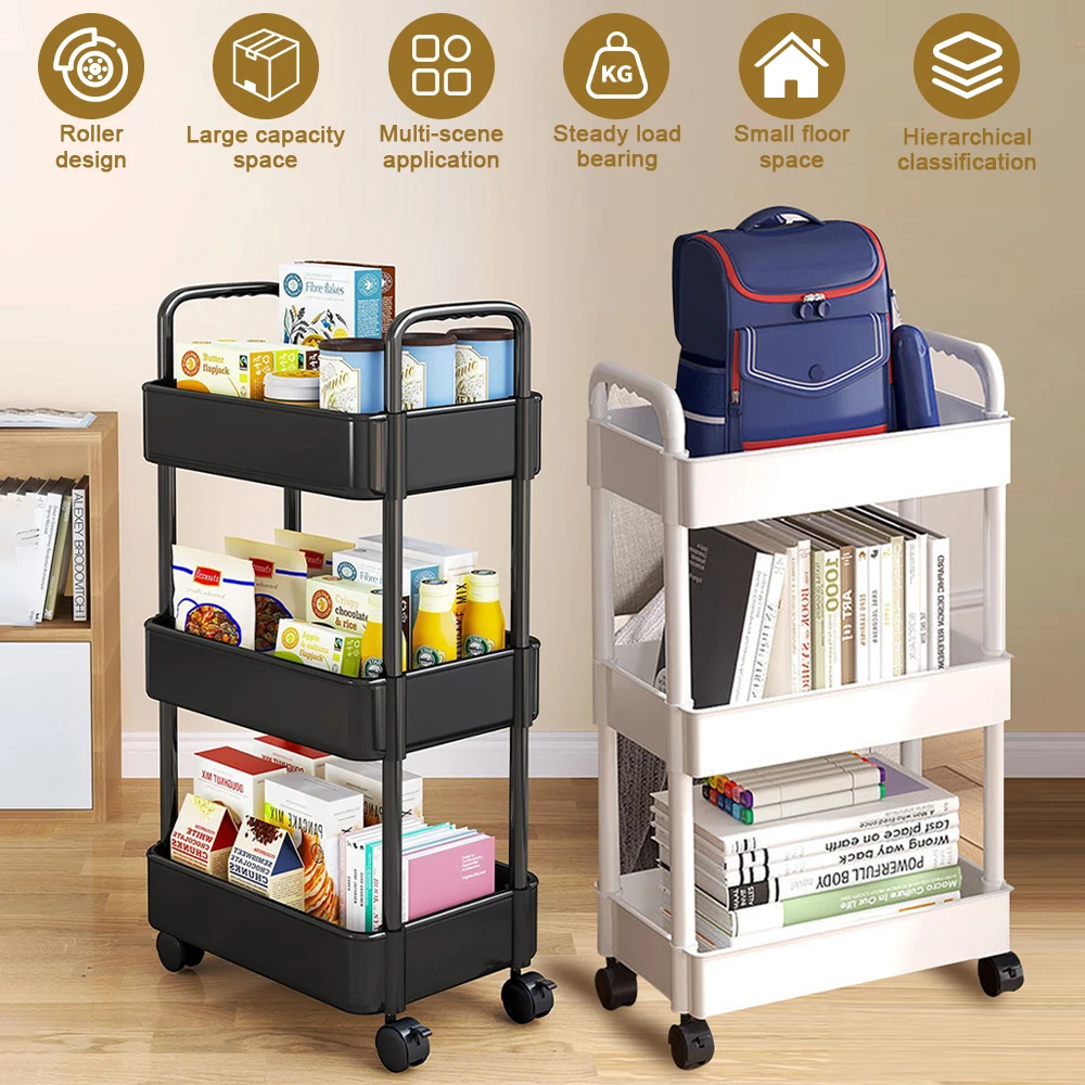 4-stöckiger PP-Hohlkorb-Rollwagen, Mehrzweck-Servierwagen mit Rädern, Aufbewahrungsregal für Küche, Bücher, Büro, Schwarz/Weiß