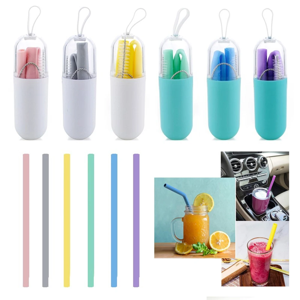 Drinking Silicone Straw Reusable Folding Portable Outdoor With Cases Cleaning Brush Sets Party Bar Drinkware Accessories