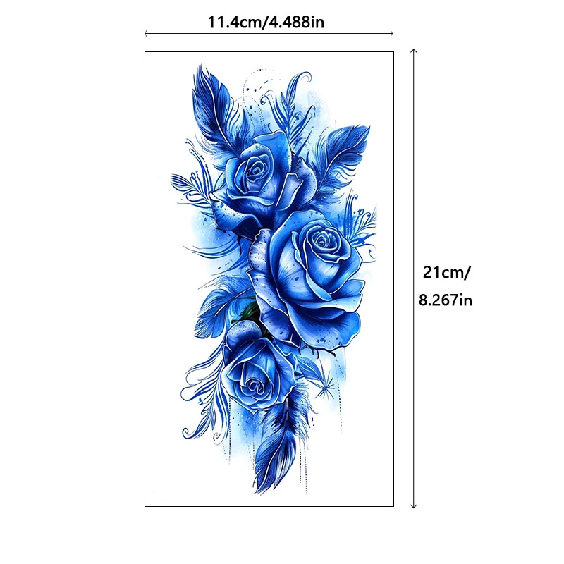Tattoo Stickers Cool Blue Rose Feather Flower Element for Men Women Temporary Waterproof Festive Party Half Arm Makeup Body Art