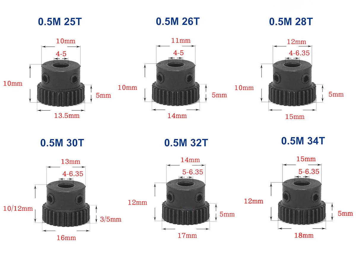 Pinion Gear Rack Spur Gear 0.5M Spur Gear 25T/26T/28T/30T/32T/34T 45#Carbon Steel Material Blackening Bore Size 4/5/6/6.35/8 mm
