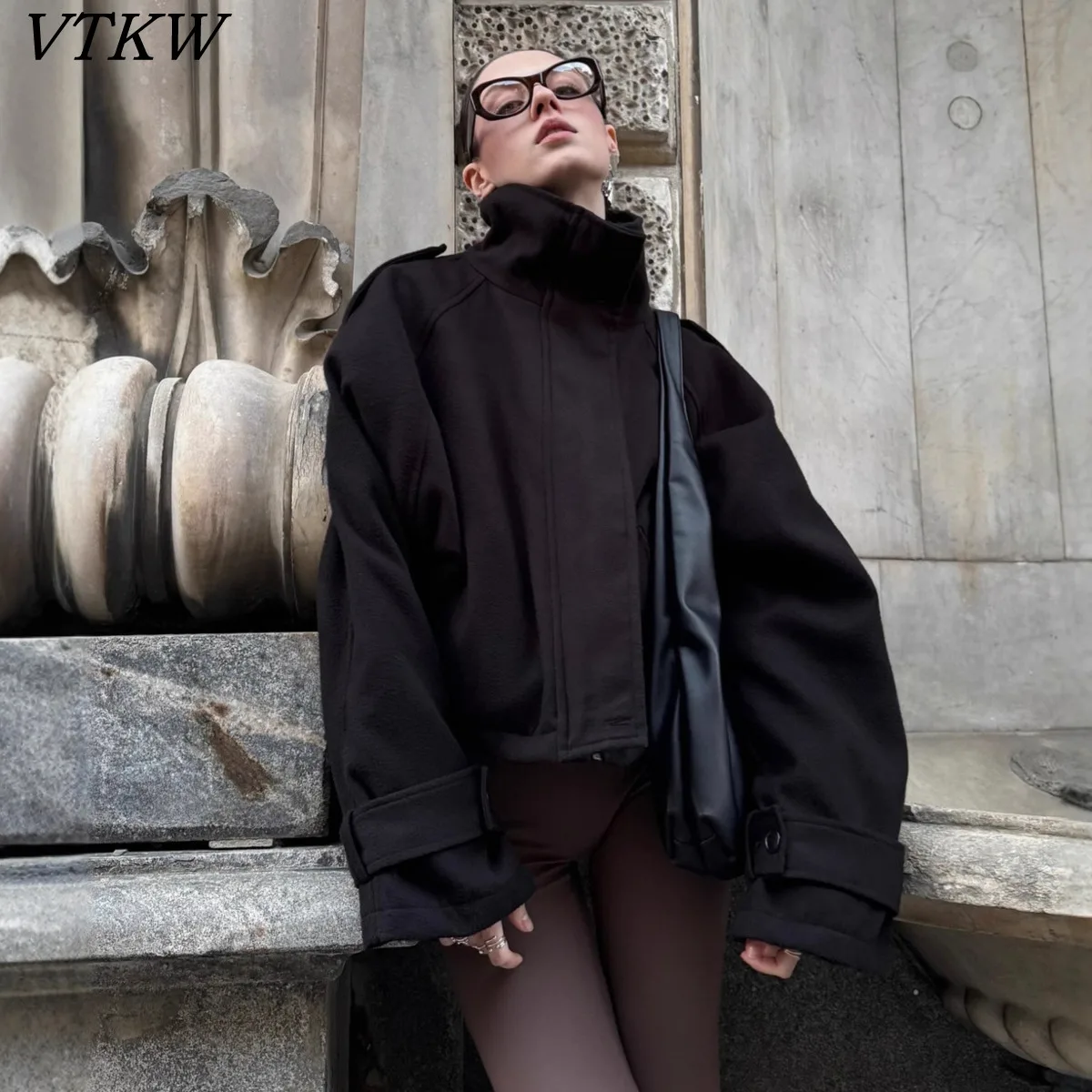 

VTKW 2026, женская разноцветная шерстяная куртка с высоким воротником, рукавами на пуговицах и пряжкой, повседневная зимняя теплая верхняя одежда, модная