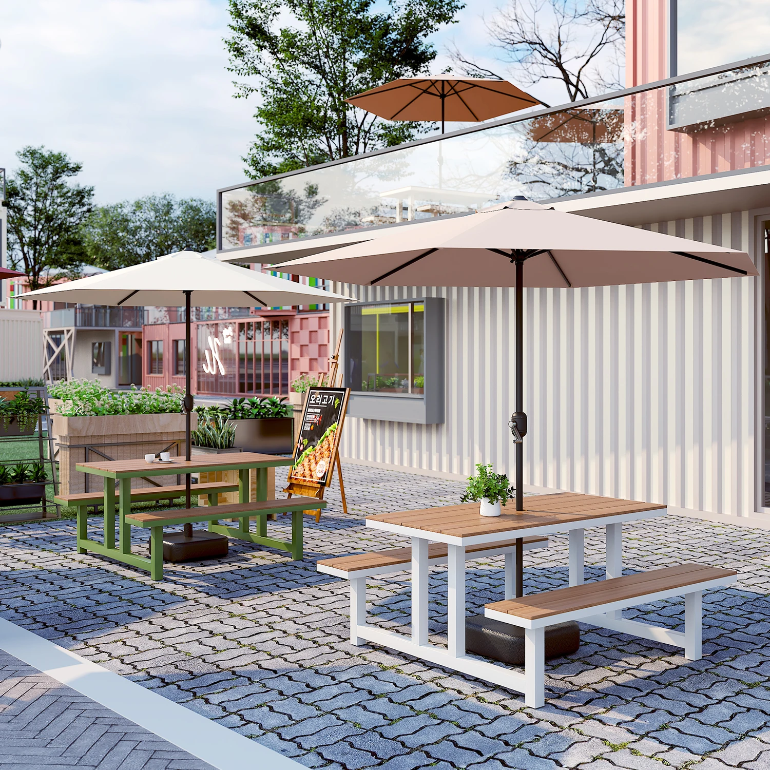 Outdoor plastic wood one-piece table and chair set courtyard garden table and chair combination outdoor open-air commercial stre