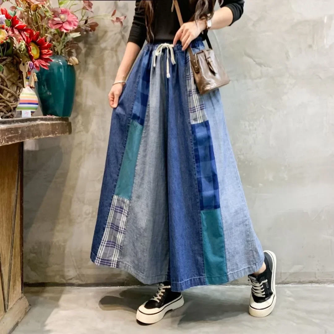 Women\'s Vintage Patchwork Cotton Linen Long Skirt, Japanese Style, Mori Girl, Elastic Waist, Lace Plaid Skirts, Loose A-line Ski