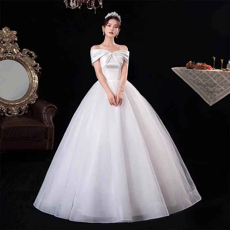 AnXin SH princess white satin lace boat neck big bow sleeveless bride ball gown lace up bride customized wedding dress