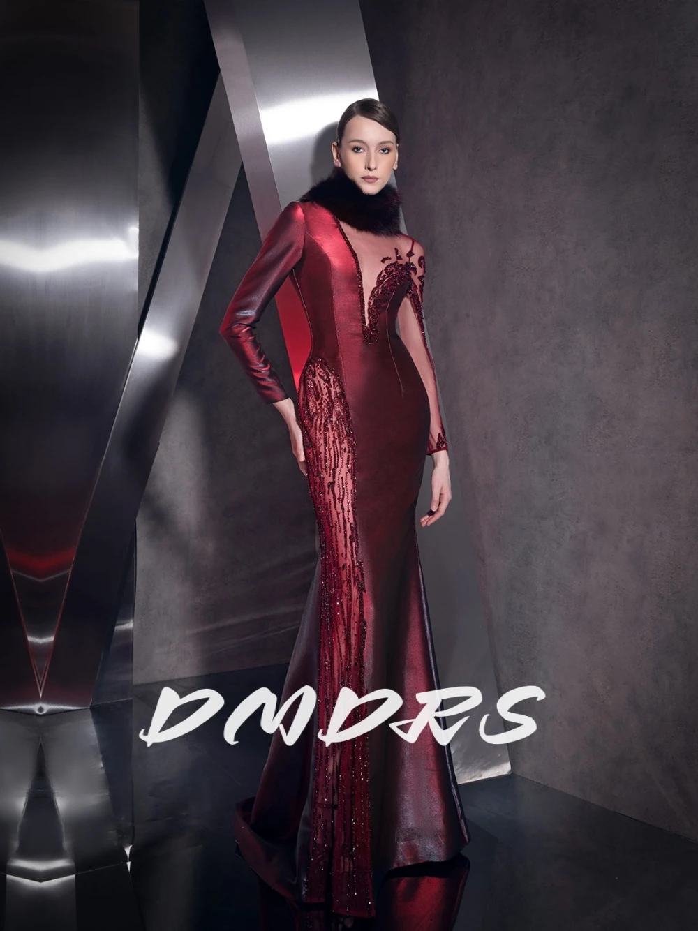 

Сексуальное шикарное коктейльное платье русалки по индивидуальному заказу для женщин, винтажное меховое мерцающее нежное вечернее платье с длинными рукавами и бисером