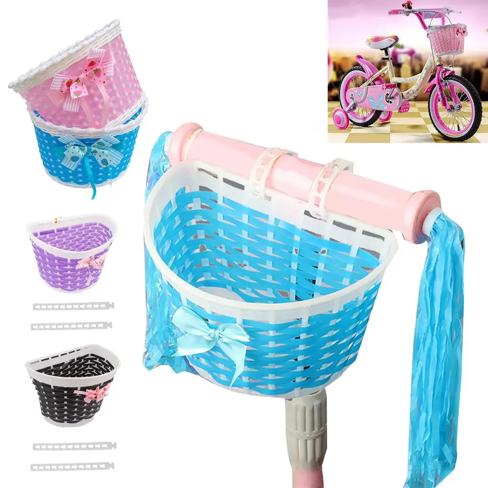 

Kids Bicycle Front Basket with Ribbon Bow Toddlers Boys Girls Balance Bike Handmade Woven Storage Basket Bike Accessories Basket