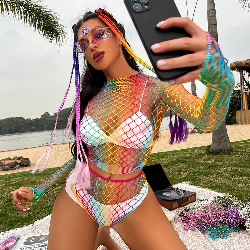 Fishnet Mesh Tights Erotic Nightwear Lingerie Long Sleeve Top & Skirt Set Hollow Out Rainbow Fishnet Mesh Bodystockings