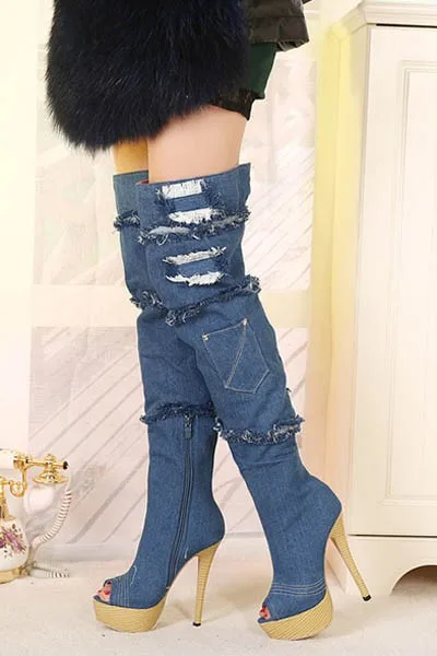 Denim Peep Toe Over-The-Knee Platform Summer Fashion Lady Sandals Boots Stiletto High Heels Side Zipper Design Large Size Shoes