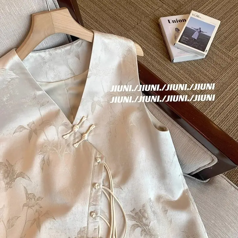 꽃 자카드 조끼 여성 복고풍 중국 빈티지 민족 스타일 민소매 탑 오버 사이즈