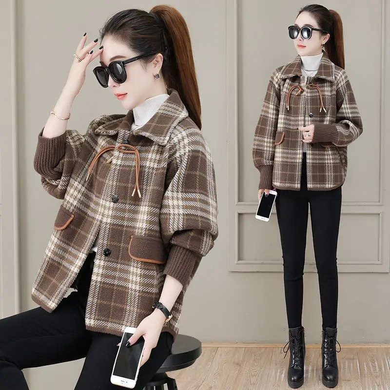 Checkered New Bata Shirt Square Neck Casual Jacket Popular Western Style Korean Version Thick Short Style Small Fragrant Style