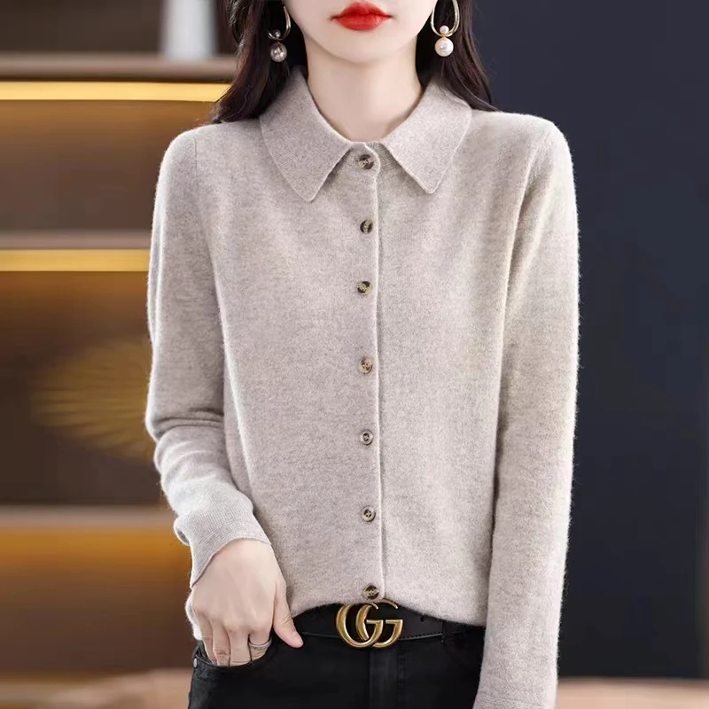 

Autumn And Winter New Style Lapel Button Sweater Cardigan Women's Knitted Sweater 100% Pure Wool Knitted Loose Jacket Top YC