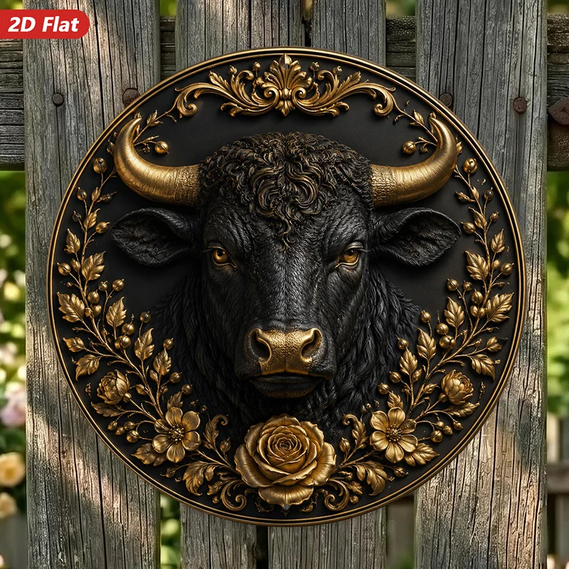 2D Flat, 1pc Round Metal Sign Wall Art, Bull Head Wall Art, Golden Floral Ornaments, Vintage Style, Home Decor, for Living Room