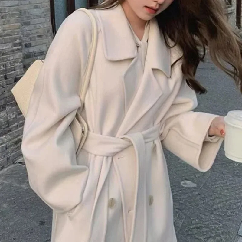 Autumn Winter Women's Mid-Length Double-Faced Fleece Wool Coat in Beige Fashionable New Style for Small Figures