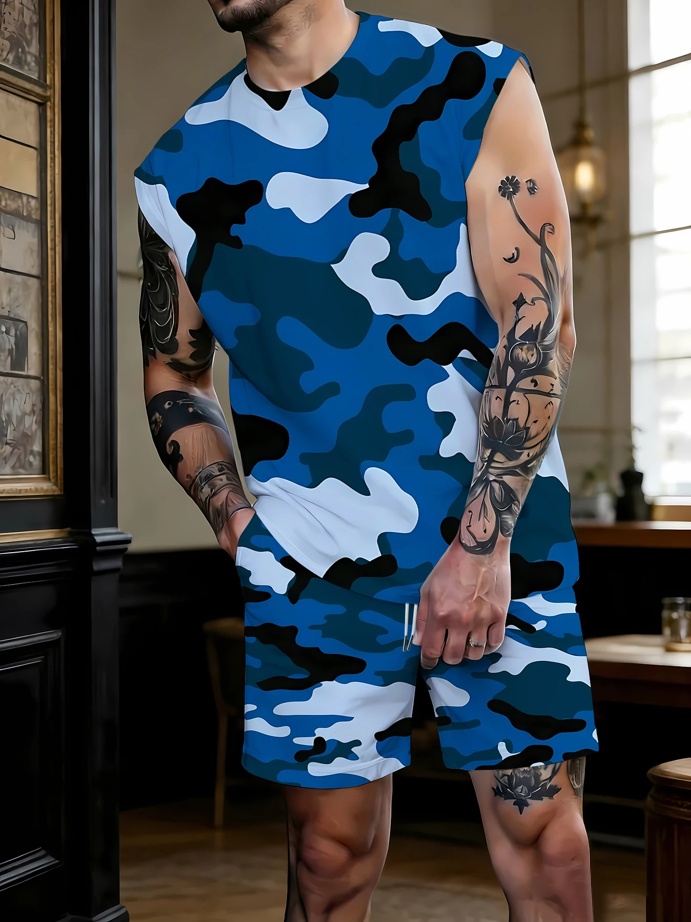 

Men's V-Neck Tank Top and Shorts Set Lightweight Polyester Homewear Vacation Outfit Standard Fit