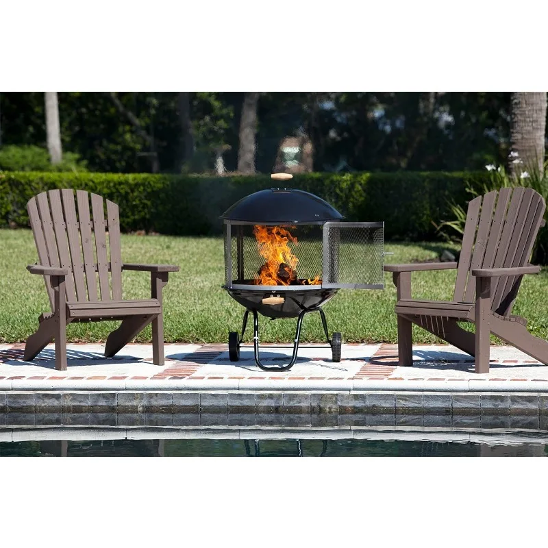 01471 Fire Pit Bessemer Rolling Patio Fireplace Wooden Bonfire Porcelain Enamel Wood Burning with Wheels & Handle Grip for