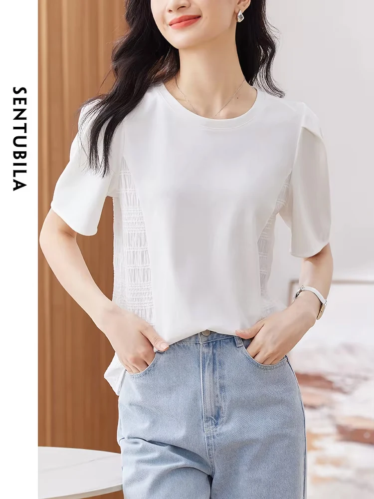 SENTUBILA 100% Cotton White T-Shirt Women Summer New Casual Loose Crew Neck Tee Short Sleeve Solid Office Lady Tops 132T49581