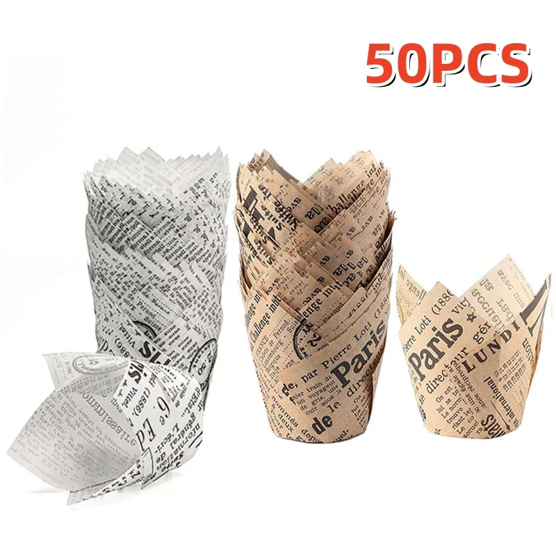 50PCS Newspaper Style Cupcake Liner Baking Cup For Wedding Party Tulip Muffin Cupcake Paper Cup Oilproof Cake Wrapper