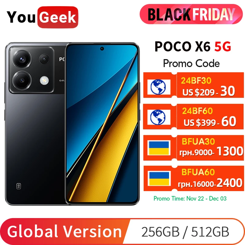 Global Version POCO X6 5G Smartphone 1.5K 120Hz AMOLED 64MP Main Camera 5100mAh 67W Turbo Charging Snapdragon 7s Gen 2 MIUI 14 421 sold422,790.08Save 237,814.64YouGeek StoreSee previewSimilar items